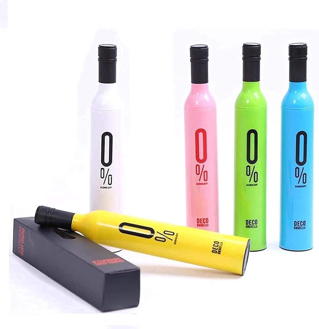 Wine Bottle Shape Mini Compact Foldable Umbrella with Plastic Case (Multi Color, Pack of 1)| Manual lift Folding Portable Umbrella with Bottle Cover for UV Protection & Rain